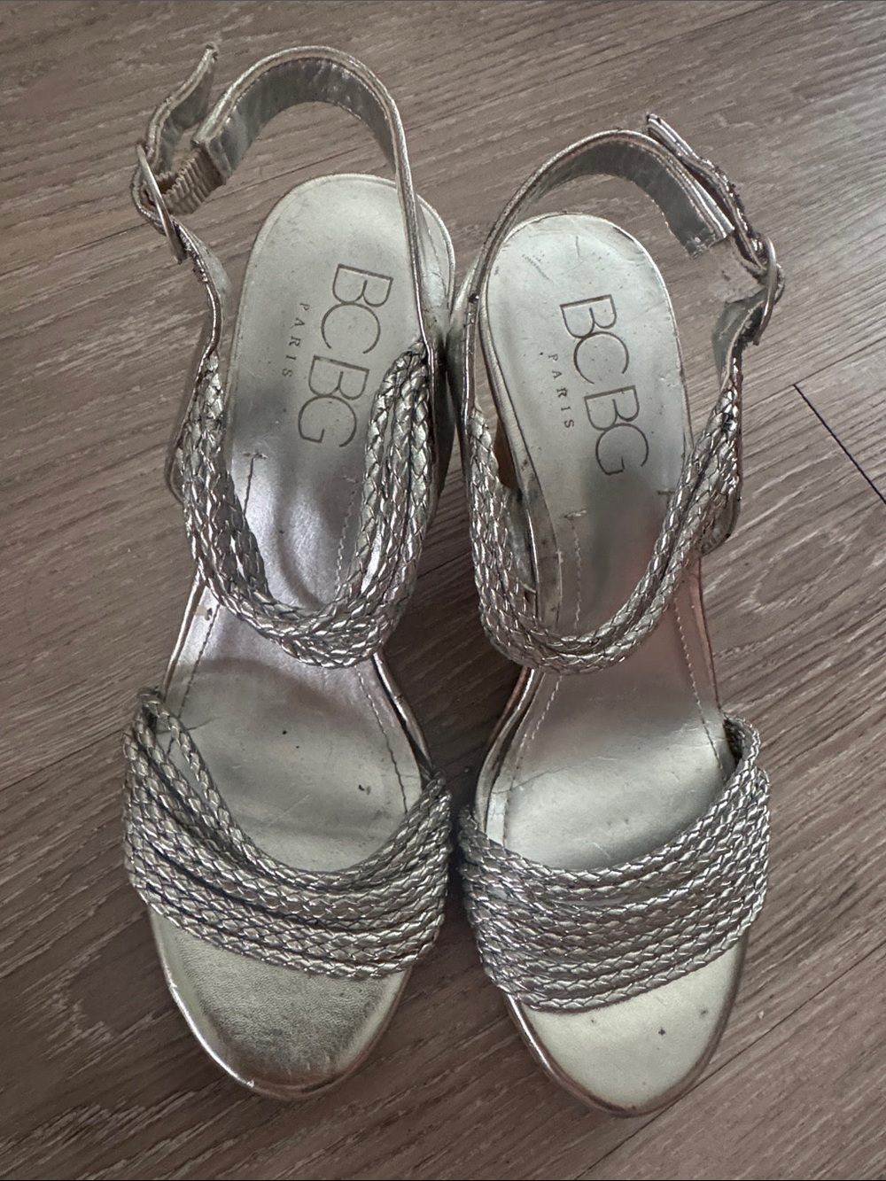 BCBG Metallic Silver Braided Strap High Heel Sandals